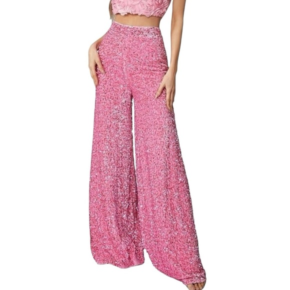 Faeriesty Pants - Faeriesty Sequin Wide Leg Pants Pink Size Medium